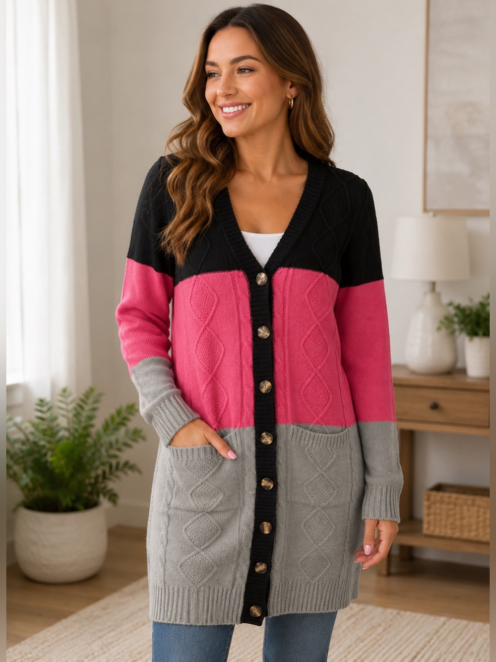 Women’s Large Colorblock Cable Knit Long Cardigan Sweater Cozy